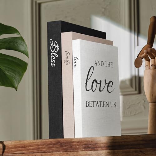 Weysat Set of 3 Bless Family Love Decorative Books for Home Decor Linen Faux Books Stacked Neutral Modern Aesthetic Fake S...
