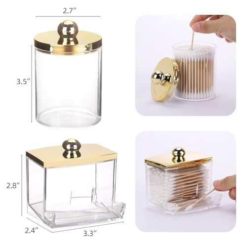 Tbestmax 2 Pack Qtips Dispenser - Bathroom Organizers and Storage Containers, Plastic Apothecary Jars with Gold Lids for C...