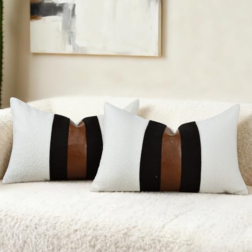 QoBexim Boucle Pillow Covers with Faux Leather Accents 12"x20" Set of 2, White and Black Decorative Pillow Covers with Fau...