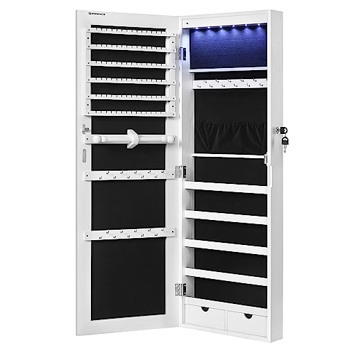 SONGMICS Hanging Jewelry Cabinet, Wall-Mounted Cabinet with LED Interior Lights, Door-Mounted Jewelry Organizer, Full-Leng...