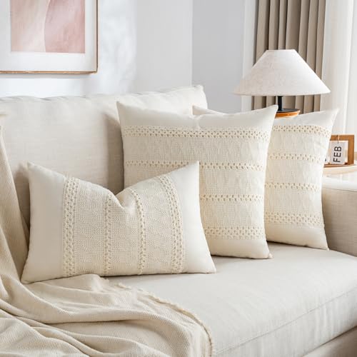 Fancy Homi Set of 1 Boho Cream Lumbar Decorative Throw Pillow Cover 12x20 Inch for Couch Bed Sofa Chair, Modern Organic Fa...