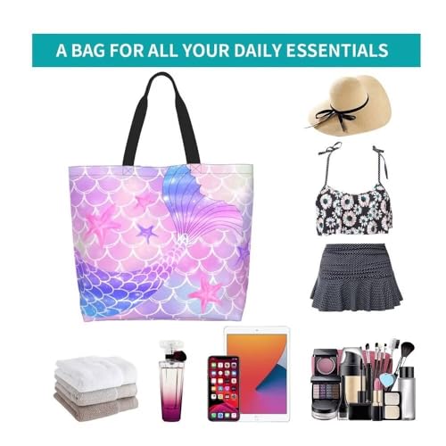 bositigo Pink Mermaid Gym Tote Bags for Women,Cute Ocean Mermaid Purse Print Shoulder Reusable Shopping Handbags Casual Tr...