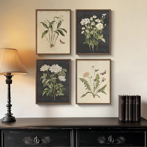 Framed Vintage Botanical Wall Art Bedroom, 4 Piece Rustic Farmhouse Floral Canvas Prints Artwork, Neutral Flower Butterfly...