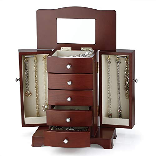 RR ROUND RICH DESIGN Jewelry Box - Made of Solid Wood with Tower Style 4 Drawers Organizer and 2 Separated Open Doors on 2...