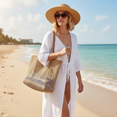 Yuomeaz Mesh Beach Bag, Beach Tote Bag for Women, Summer Travel Sandproof Woven Shoulder Handbag for Swimming