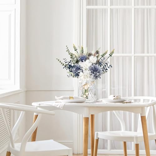 Der Rose Fake Flowers in Vase Silk Artificial Navy Blue Flowers Arrangements with Glass Vase for Dinning Coffee Table Cent...