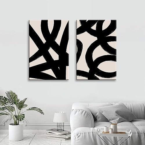 Framed Abstract Wall Art Canvas Set Lines Pictures Modern Mid Century Boho Wall Decor Minimalist Abstract Black Stroke Lin...
