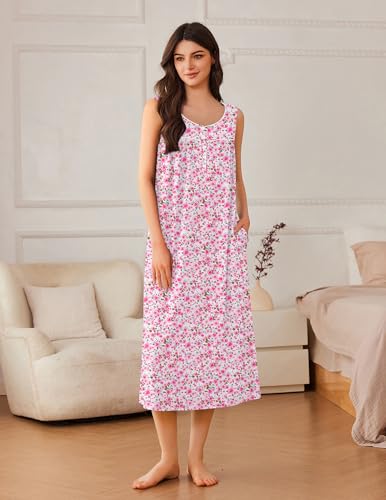 Ekouaer Nightgowns for Women Long Sleeveless Night Gowns Ladies Soft Nightdress Victorian Sleepwear with Pockets S-XXXL