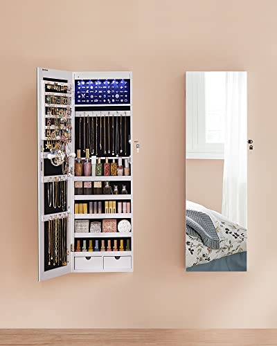 SONGMICS Hanging Jewelry Cabinet, Wall-Mounted Cabinet with LED Interior Lights, Door-Mounted Jewelry Organizer, Full-Leng...