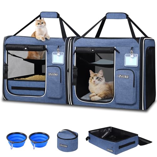 Petskd 2 in 1 Double Cat Car Travel Carrier with Litter Box, 38"x17"x18" Portable Dual Extra Large Cat Carrier for Multipl...