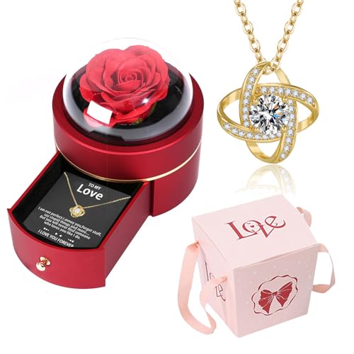 Preserved Handmade Rose Box with Four Leaf Clover Necklace, Jewelry Boxes Poetry Roses Gifts for Women Her Mom Wife Girlfr...