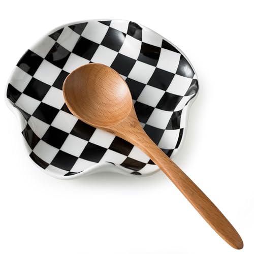 Miamolo Spoon Rest for Stove Top, 5.3in Checkered Spoon Holder Utensil Rest, Ceramic Spoon Rests for Coffee Bar, Kitchen G...