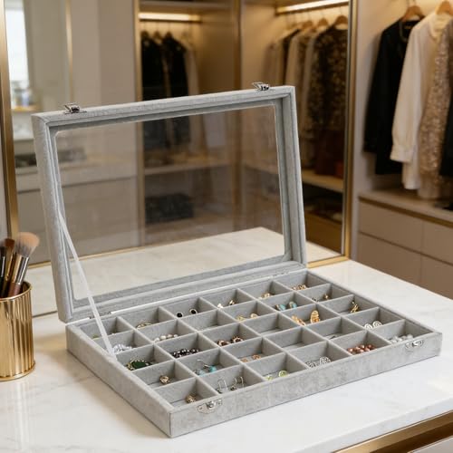 Wudygirl 30 Grid Jewelry Organizer Velvet Jewelry Box Jewelry Tray with Clear Lid Storage Case Showcase Display Stackable ...