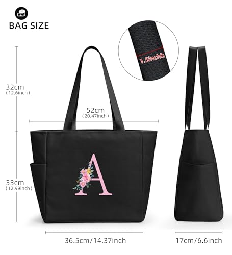 KALIDI Personalized Beach Tote Bag, Initial Alphabet Gift Zipper Grocery Bag for Mom Teacher Friend Wedding Daily Shopping