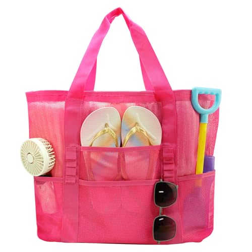 ASBEFORE Large Mesh Beach Tote Bag, 9-Pocket Foldable Summer Vacation Beach Bag for Travel, Pool, Gym, Cruise