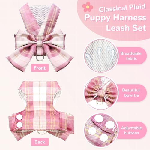 UETZLTB Cute Dog Harness and Leash Set with Bow Tie Soft Mesh Plaid Girl Puppy Harness No Pull Pet Cat Dog Vest Harness fo...