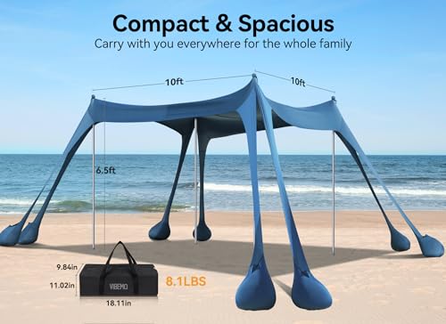 Vibemo Beach Tent, Beach Canopy Sun Shade with UPF50+ UV Protection, 10x10ft, Includes 8 Sandbags, Sand Shovel, Ground Peg...