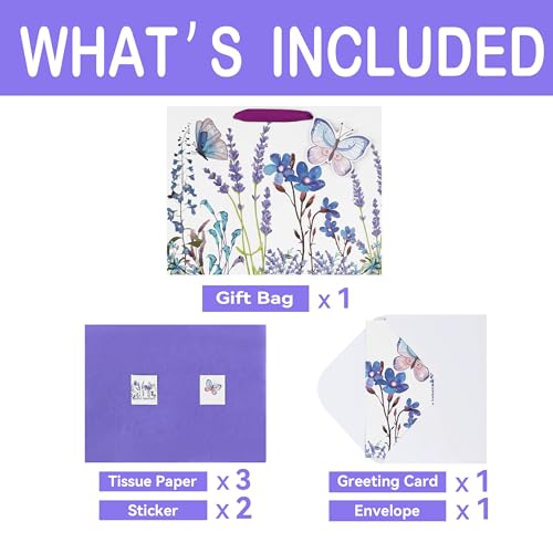 Qirrmiy 13" Large Purple Gift Bag Set with Greeting Card and Tissue Paper (Lavender and 3D Butterfly) Women's Birthday, Mo...