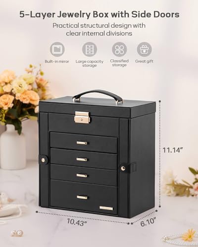 Homde Synthetic Leather Huge Jewelry Box Mirrored Watch Organizer Necklace Ring Earring Storage Lockable Gift Case (Black...