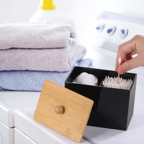 Ohlove Qtip Holder with Bamboo Lids, 3 Compartments Cotton Ball/Swabs Dispenser, Apothecary Jar Plastic Container for Stor...