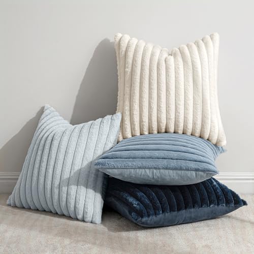 MIULEE Faux Fur Plush Decorative Throw Pillow Covers 18x18 Set of 4, Spring Modern Soft Fuzzy Coastal Striped Cushion Cove...