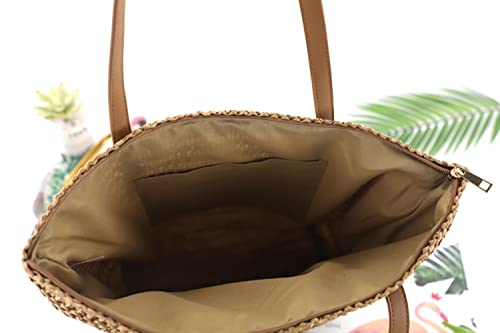 Kehpish Large Straw Shoulder Bag Summer Beach Bag for Women Straw Tote Bag Handbag With Zipper Summer Shoulder Bag