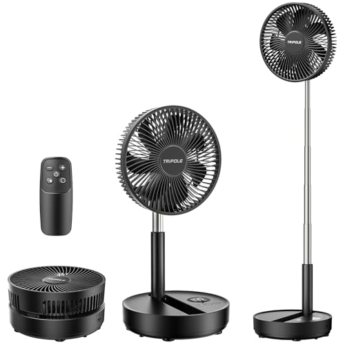 TriPole Portable Standing Fan, 8000mAh Rechargeable Oscillating Fan with Remote, 8.1'' Quiet Pedestal Floor Fan with LED D...