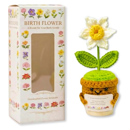 Xulvrax December Birth Flower Narcissus Crochet Potted Plant Gift, Handmade Style with Wooden Base, Meaningful Birthday De...