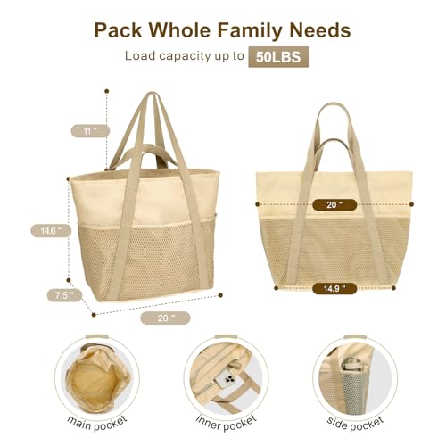 F-color Waterproof Beach Bags for Women - Machine Washable Travel Tote Bag with Zipper Cruise Swim Vacation Essentials