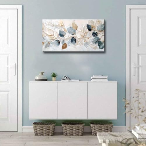Large Living Eucalyptus Leaf Canvas Wall Art Teal White Botanical Abstract Decor painting Pictures Modern Nordic Plant Flo...