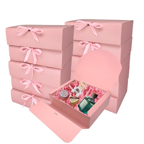 BoShahai 10 PCS Gift Boxes with Lids, 10.6x7.8x3.1 Inch Kraft Paper Gift Box, pink with Ribbon, Bridesmaid Proposal Box fo...