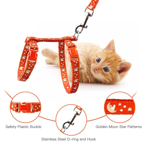 Cat Harness and Leash Set Gold Moons Soft Nylon Escape Proof Adjustable for Kittens Small Animals Glow in The Dark(Orange)
