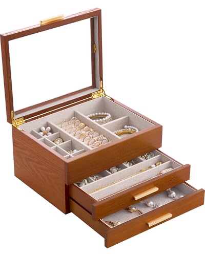 Lolalet Jewelry Box, Clear Window Wood Grain Jewelry Storage for Earrings Bracelets Necklaces Rings, High Capacity Organiz...