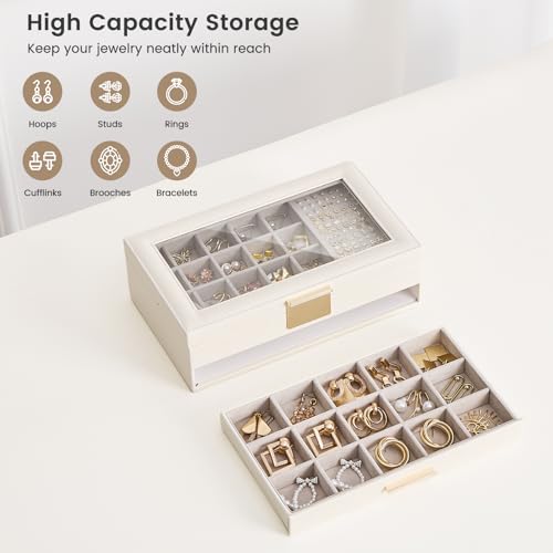 Lolalet Earring Storage Box Case with Glass Top, Large Earring Jewelry Holder Organizer Display with Drawer and Grid, Gift...