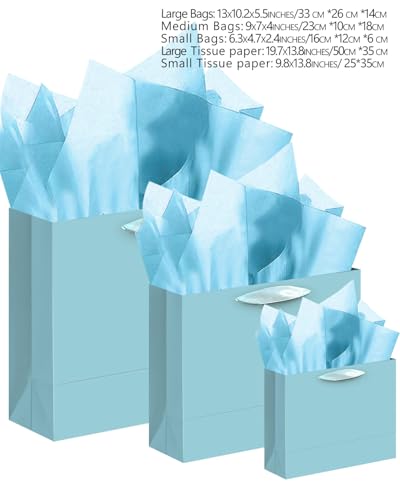 qiqee 10PCS Lake Blue Gift Bags with Ribbon Handles Mulit Assorted Sizes Gift Wide Bags (2pcs Large 13", 4pcs Medium 9.6",...