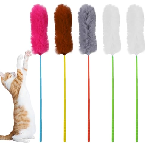 Larrel 5PCS Interactive Cat Wand Toys, Fur Cat Toys, Soft Kitten Teaser Sticks for Indoor Cats, Fur Cats Teaser Wand Set f...