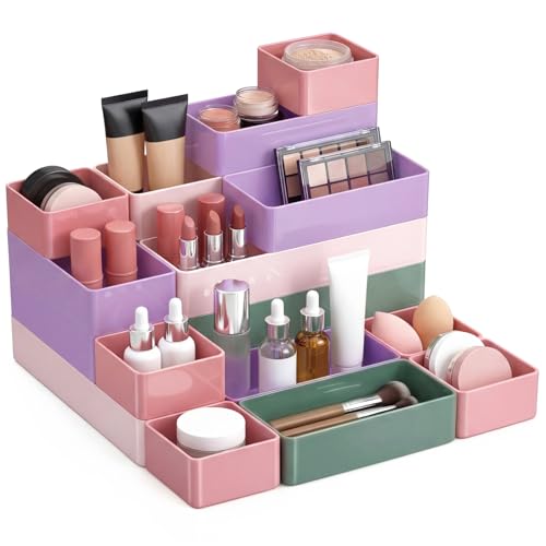 Teenyyou 18 Pcs Drawer Organizer Stackable 4 Size Makeup Drawer Organizer Trays Acrylic Bathroom Vanity Storage Bins for C...