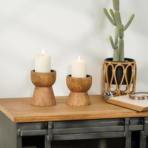 NIKKY HOME Farmhouse Wooden Candle Holders Set of 2, Rustic Solid Wood Pillar Candlesticks Pedestal, Fireplace Mantle Tabl...