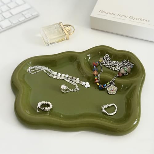 LORVOR Green Ceramic Jewelry Tray Dish Large-sized Display Organizer Trinket Watch Keys, Dressing Table Decor Aesthetic Di...