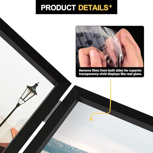 FOREV 4x6 Double Picture Frame Wooden Hinged Photo Frame Definition Glass Stand Vertically on Desktop or Tabletop Black