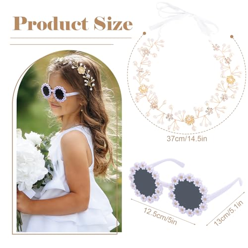 Srotmirw 4 Pcs Flower Girl Proposal Set Flower Girls Gifts Including Flower Girl Pearl Headpiece Round Flower Sunglasses f...
