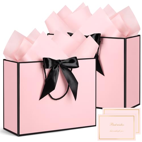 Ohuimrt 2 Pack Pink Gift Bags with Handles, 12.6 x 9.8 x 4.3 Inches Paper Bags, Gift Wrap with Tissue Paper Ribbons Cards ...