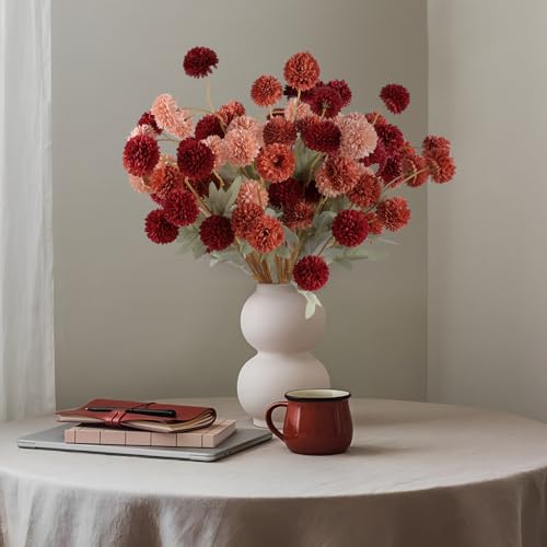 Hananona 12 Pcs Artificial Chrysanthemum Flowers, Orange Kiku Pom Pom Mums Flower Faux Fall Floral for Autumn Halloween Ki...