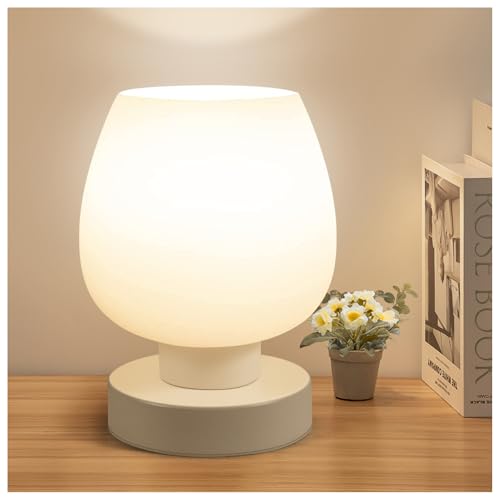 ONEWISH Small Bedside Lamp for Bedroom, 3-Way Dimmable Touch Control, 600 Lumen Bright Opal Glass Shade, 7.5 Inch Ultra Co...