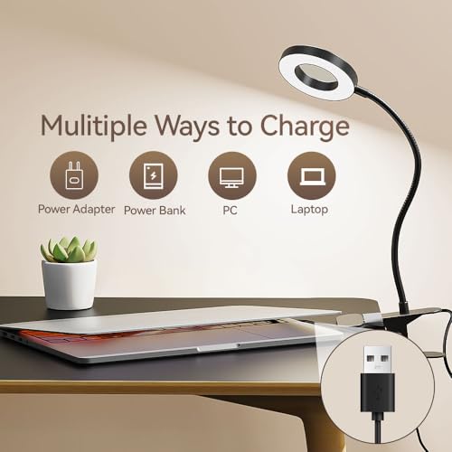 GARMESE LED Desk Lamp Clip on Light with 3 Color Modes 10 Brightness Ring/Clamp Light 360° Adjustable Neck Dimmable Eye Pr...