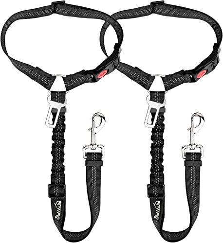 SlowTon Dog Seat Belt for Car, 2 Pack Dog Car Harness Seatbelt Adjustable with Elastic Bungee Buffer, 2 in 1 Pet Car Leash...