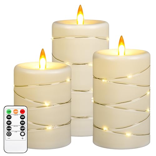 Da by Flameless Candle with Recessed Fairy Lamp, Dynamic Flame Candle Battery Powered with Timer & Remote Control 3-Piece Set
