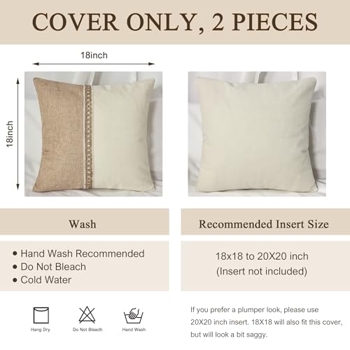 QoBexim Boho Patchwork Linen Throw Pillow Covers 18x18 Set of 2 with Fringe Trim, Khaki and Beige Farmhouse Textured Burla...