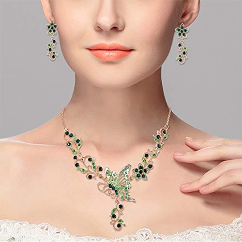EleQueen Women's Austrian Crystal Butterfly Flower Leaf Necklace Earrings Set