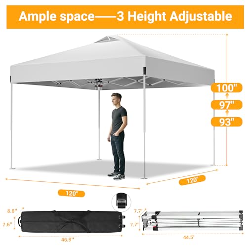 10x10ft Pop Up Canopy, Heavy Duty Beach Tent with Waterproof Silver Coated Top, 3 Heights & 4 Sandbags, Sun Shade with Rol...